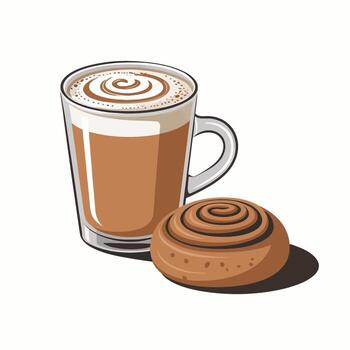 un humeante jarra de latté con intrincado remolinos encima el espuma soportes siguiente a un redondo Galleta adornado con un pareo remolino modelo. vector