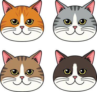 Four stylized cat faces with different fur colors and patterns vector