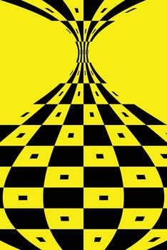 Abstract black and yellow checkerboard with fisheye optical illusion effect. Vibrant geometric warped pattern background, perfect for digital design and modern art concepts vector