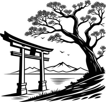 Serene japanese torii gate and pine tree silhouette with mountain backdrop vector