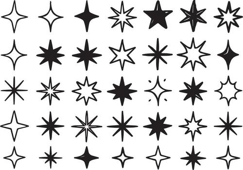 Collection of hand drawn starburst sparkle and shimmer icons in various styles and sizes vector