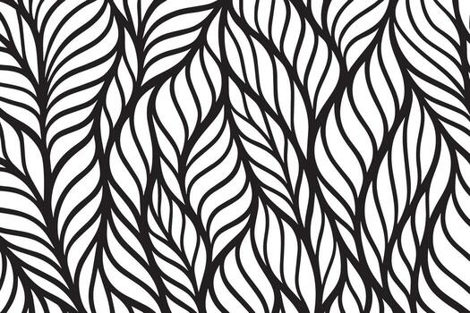 Intricate black and white abstract pattern of stylized leaves or feathers in a repeating organic design vector