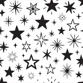 A whimsical black and white pattern featuring a diverse collection of hand drawn star shapes and sparkles vector