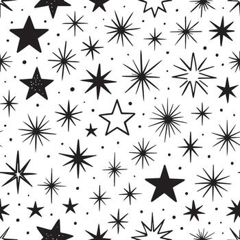 un caprichoso negro y blanco modelo de dispersado estrellas y destellos en un blanco antecedentes vector