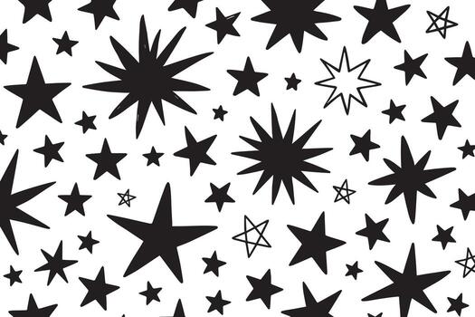 Hand drawn black and white star pattern with varying sizes and styles creating a whimsical celestial background vector