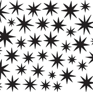 A scatter of black starburst shapes with varying points and sizes on a white background vector