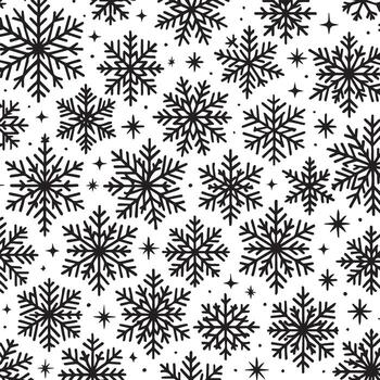 Intricate black and white snowflake pattern with subtle sparkle and star accents vector