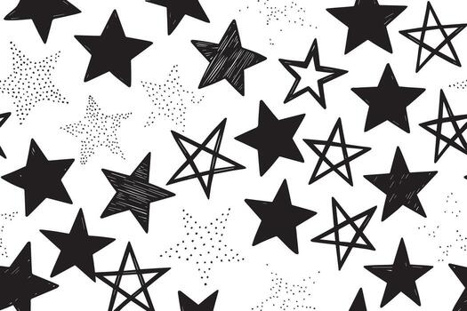 A textured black and white pattern of hand drawn stars with a grungy distressed background overlay vector