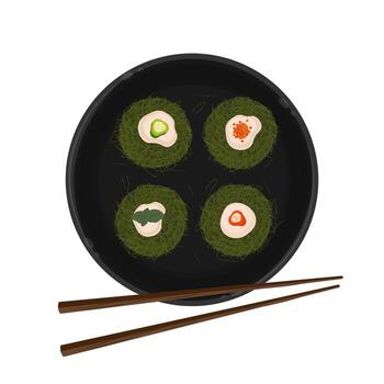 Sushi rolls on black plate with chopsticks vector