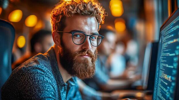 A man with a beard and glasses is working on a computer background photo