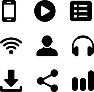 diverso colección de íconos representando tecnología, comunicación, multimedia, y usuario Interacción en un limpiar y moderno diseño vector