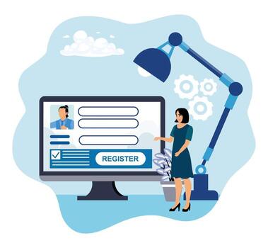 Woman interacting with online registration vector