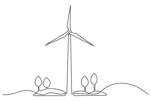 Minimalist wind turbine outline continuous one line drawing isolated abstract art vector