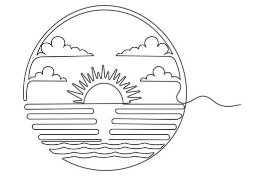 Minimal style sunset continuous one line drawing isolated outline simple sketch vector
