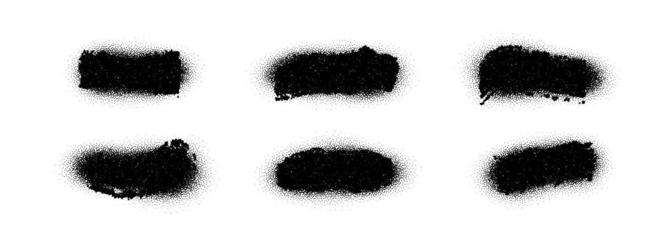 Black sprayed paint brush shape set. Sprayed aerosol particles and grainy dotted banner collection. Rough noise stencil stains and spots bundle. Grunge dusty sand texture frame or border pack. vector