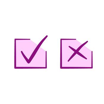 Set of purple check mark and cross mark icons inside pink boxes. Great for UI, forms, presentations, voting, or decision graphics. vector