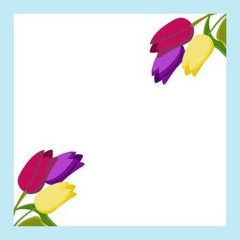 Frame decorated with three multi-colored tulips in the lower left and upper right corners. Flat style. vector