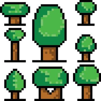 pixel tree icon game RPG adventure icon group in retro 8-bit style on white background vector