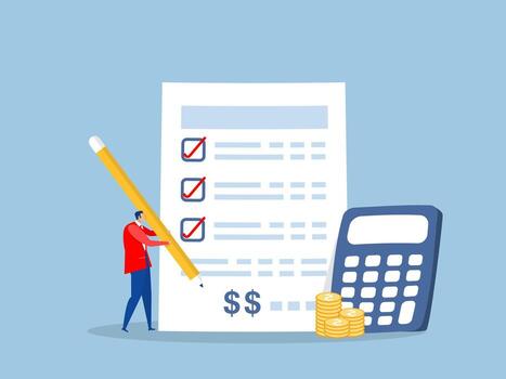 Businessman with calculator estimate cost from project document Project cost estimation, calculate budget or resources to finish work invoices or taxes. cost or loan concept. vector