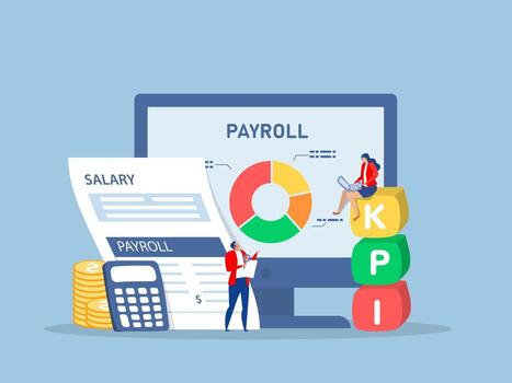 Businessman standing with online payroll computer.online income calculate and automatic payment,with kpi or Key Performance Indicator Salary payroll system, vector