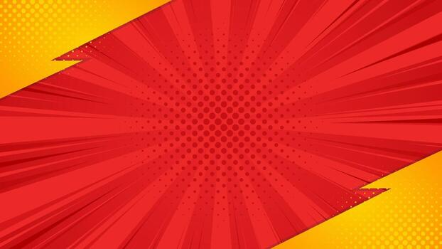 Abstract red and yellow comic background with sunburst effect and halftone. Modern pop art banner design vector