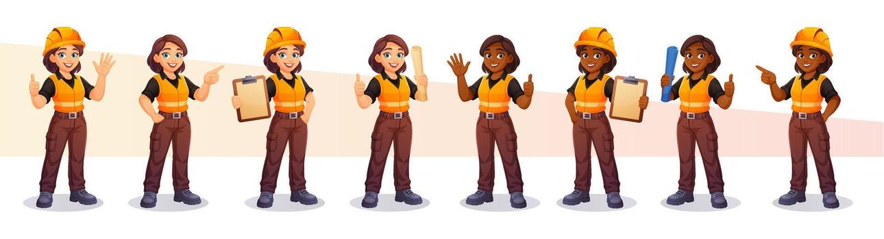 Worker and engineer woman with helmet and safety clothing appears as builder at work. This worker character is useful for showing an engineer in job UI sets, packs or warehouse scenes. vector