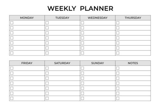Weekly planner template in minimal style for organizing tasks. Clean and minimalist weekly planner template. Perfect for personal time management and productivity planning. Easy to customize and print vector