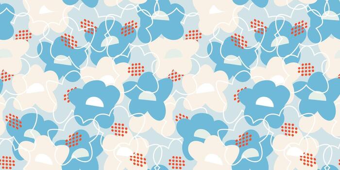 Seamless floral pattern with abstract hand drawn flowers in blue, white, on a light background. The playful doodle style lines create a modern, artistic, and vibrant composition vector