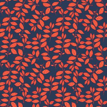 Seamless pattern featuring vibrant red leaves on a deep navy background. This botanical design is perfect for autumn-themed projects, textiles, packaging, wallpaper, and invitations. vector