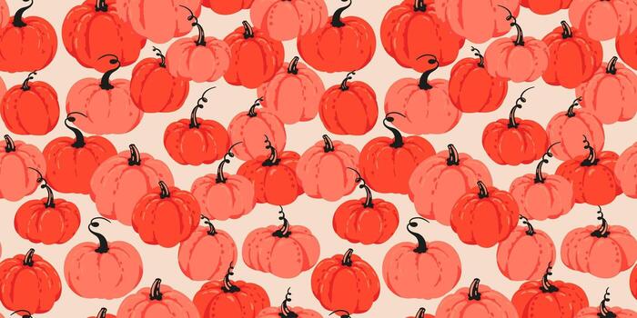 Seamless pattern with a dense mix of coral and red pumpkins on a light cream background. Bold and playful design for autumn wrapping paper, fabric, and decor vector