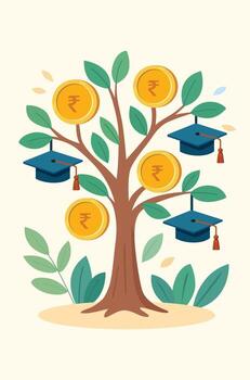 Tree with Rupee coins and graduation caps on branches, representing the fruitful connection between education and financial growth vector