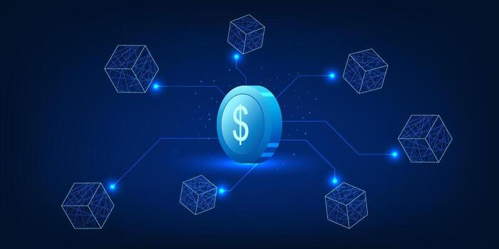 Blockchain technology illustration with digital coins connected to data blocks in a blockchain network, symbolizing cryptocurrency transactions, decentralized finance, and future fintech innovation vector
