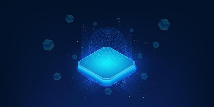 Quantum computing technology illustration, futuristic microchip board with quantum processor on top, glowing data flow and particles, symbolizing high-performance computing and future innovation vector