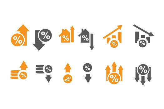 Low and high interest rate icon set. Percentage, growth, decline, mortgage, loan and finance symbols with up and down arrows for banking and economy. Solid icons collection vector
