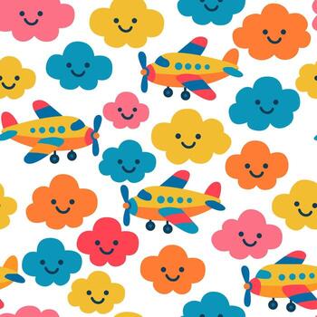 Bright seamless pattern with clouds and airplanes on a white background. vector