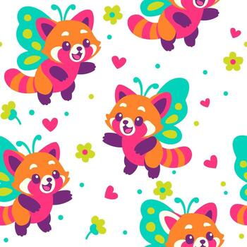 Seamless pattern with red pandas with butterfly wings. Bright neon colors. vector