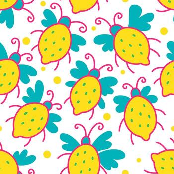 Unusual seamless background with lemons with wings like beetles. Colored pattern in flat style. vector