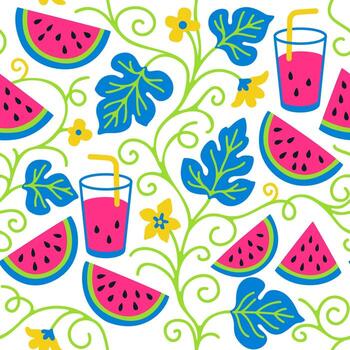 Seamless background for packaging design, wrapping, etc. Bright watermelon slices with seeds, twisted branches and leaves. vector