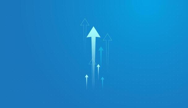 Multiple arrows pointing upward on a blue gradient background, symbolizing growth, progress, and upward momentum arrow in the center and illustration vector