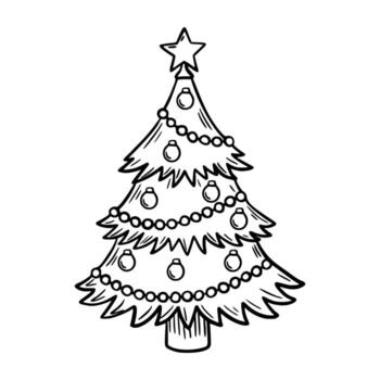un sencillo negro y blanco ilustración de un Navidad árbol decorado con adornos y un estrella en cima. el árbol tiene un clásico triangular forma. vector