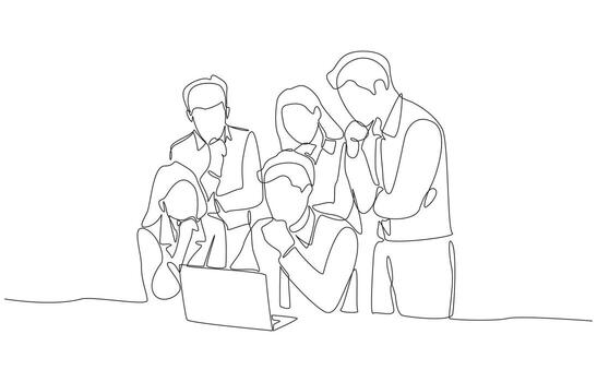 continuo uno línea dibujo de grupo de profesionales reunión alrededor ordenador portátil a analizar o discutir alguna cosa importante, simbolizando colaboración para haciendo decisión o resolviendo problema en negocio vector