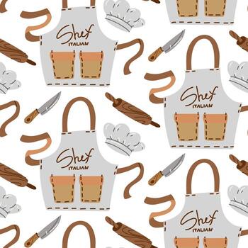 modelo de un delantal con corbatas y el texto italiano cocinero, del chef sombrero, de madera laminación alfiler y del chef cuchillo con un de madera manejar. plano color sin costura textura. artículos necesario en el cocina vector