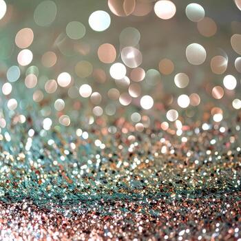 Abstract Glitter Texture with Sparkling Bokeh Lights in Shimmering Turquoise and Copper photo