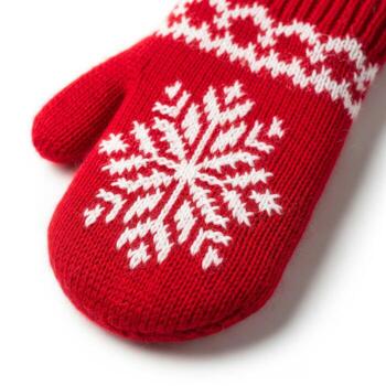 cerca arriba de un rojo de punto mitón con blanco copo de nieve y geométrico patrones foto