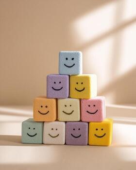 Balanced pyramid of colorful blocks with smiling faces arranged in a playful design photo