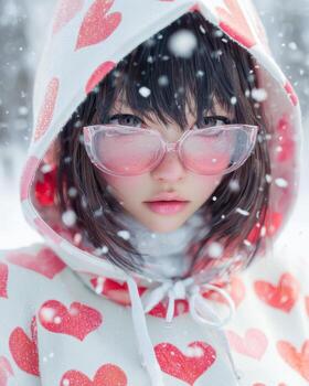 Close-up fashion portrait of a young woman in a heart-patterned hoodie during winter photo