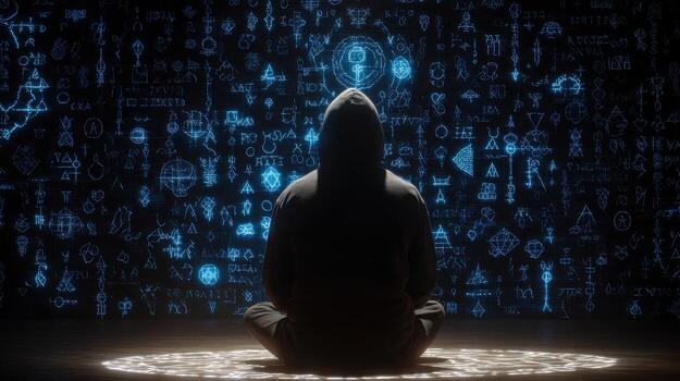Modern digital ritual featuring a hacker in black performing a ceremony in a dark room photo