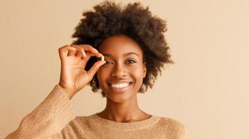 abrazando natural bienestar estilo de vida con un alegre sonrisa y suplementos en mano foto