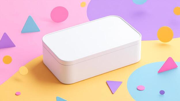 Rectangular box packaging mockup with colorful background elements for creative projects photo