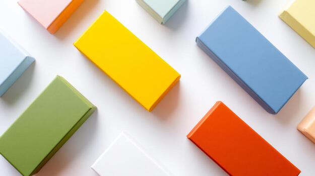 Brightly colored rectangular objects arranged in a creative flat lay composition photo